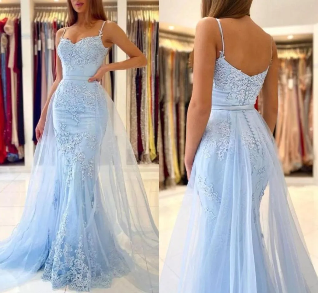 Fantastisch licht Sky Blue Mermaid -avondjurken met afneembare tule rok Appliqued Lace Sexy Spaghetti Backless Long Women OCC6719503