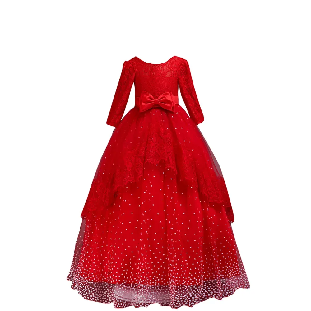 Dresses 2022 Red Lace unique Tulle Flower Gilr Dresses For Wedding Long Sleeve Princess Layers Bow Fall Winter Communion Party Formal Dres