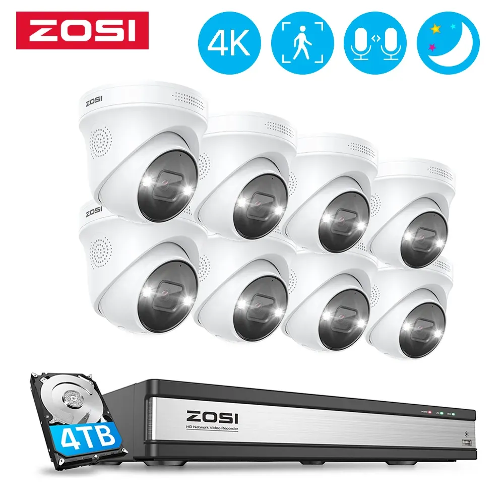 Sistema Zosi 16CH 4K POE Video Video Vigilancia Sistema de cámara NVR Kit AI Human Detect 8MP Color Visión Cámaras IP Security CCTV Set