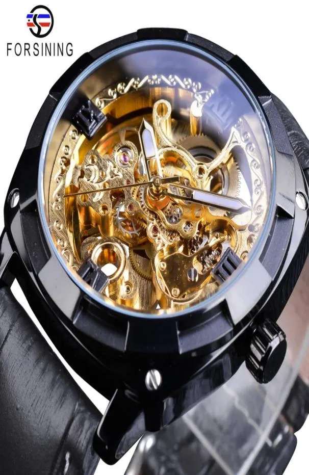 ForSining Royal Black Golden Clock Transparent Case Fashion Black äkta läderband Lysande händer Automatiska klockor för Men9565591