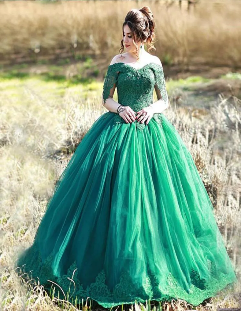 Robe de balle vert foncé élégant robes quinceanera sur les appliques d'épaule longueur de plancher en tulle plus taille robes de bal robe de soirée 7781899