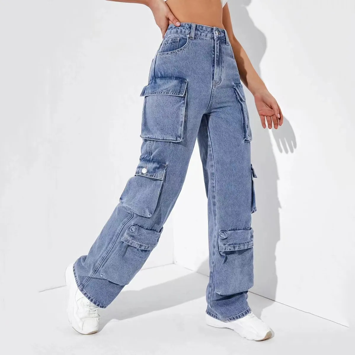 Designer Jeans femmes jeans cargo pantalon femmes jeans pantalons de cargaison lâches hautes zipper fly polyester denim coton punk tenue quotidienne spning s-2xl goth jeans femme
