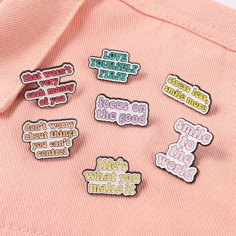 Love Yourself Enamel Pins Quotes and Saying Brooches Letter Banner Badges Collar Backpack Decoration Accessories Jewelry Gift