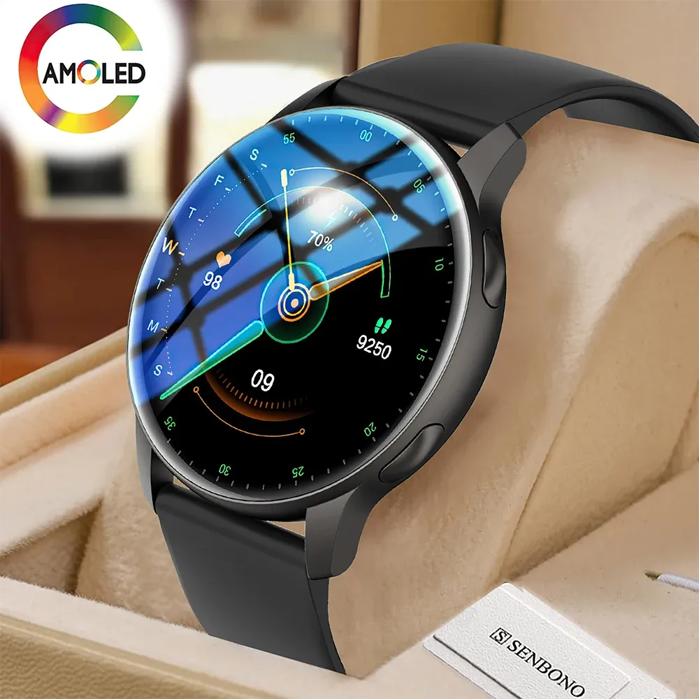 Regardez Senbono 2022 HD AMOLED SMART Watch Men Diy Dial 3ATM IMPHERPOR SMART Clock Sport Fitness Fitness Heart Cate Monitoring Smartwatch Femmes