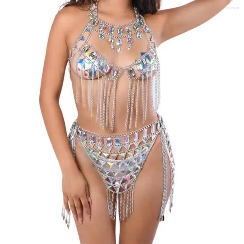 Kvinnors badkläder Fashion Tassel Sexig strand Underkläder och trosor glänsande akrylkristall med metallkedjan smycken bh kjol bikini kostym