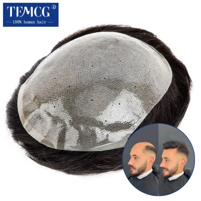 Toupees ince cilt tabanı erkek saç protezi% 100 insan saçı yedek erkek toupe nefes alabilen erkekler toupe biyolojik kafa derisi saç parçacığı