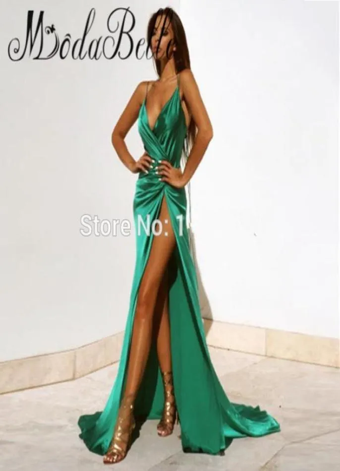 Modabelle Cheap V Neck Emerald Green Evening Dress Sexy Long Pleated High Slit Maxi Dinner Dress Cheap Red Party Gowns Runway 20185080626