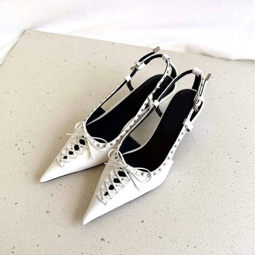 Summer New Sharp Headed Baotou Thin Woven Bow High Heel Shoes Metal Rivet Interwoven Sandals for Women Black and White