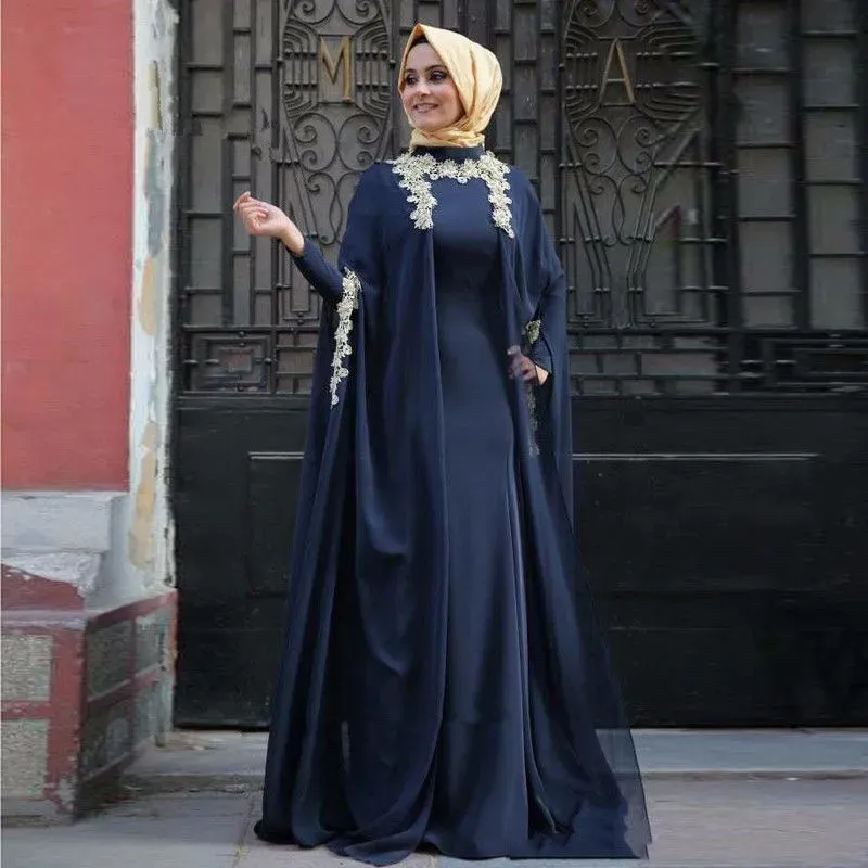 Abiti blu navy abito da sera Dubai abito elegante a maniche lunghe abiti da ballo di chiffon abiti da sera musulmani a collo alto
