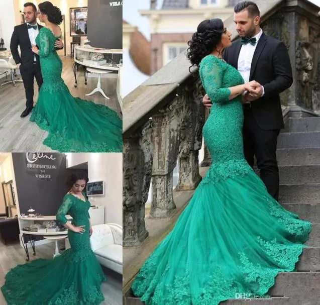 2016 Winter Green Mermaid Prom Dresses V Neck 34 Long Sleeves Appliques Lace Tulle Corset Arbaic Plus Size Evening Gowns Formal D7415205