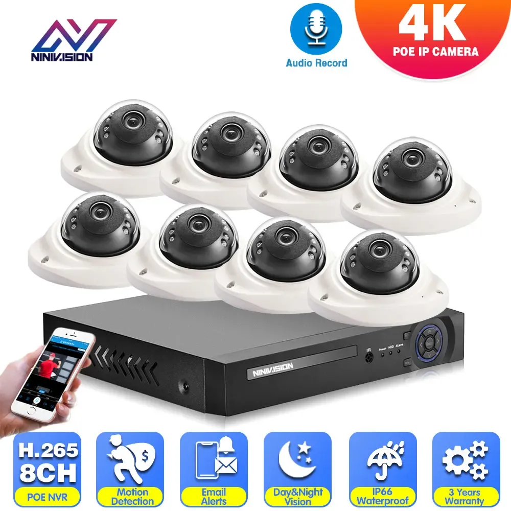 System 8CH 4CH 8MP NVR POE CCTV Camera Security System Kit Audio Record AI Dome IP Camera Outdoor IP66 Weatherproof Surveillance Set