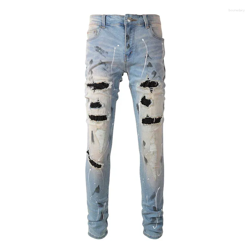 Heren jeans mannen kristal stretch denim streetwear patches lapwerk magere taps toelopende broek geschilderde gaten scheurde noodlijdende broek