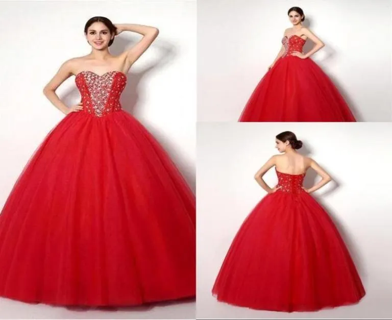 Роскошные кристаллы красные платья Quinceanera Ball Howns 2015 Дешевые возлюбленные хрустальные бисеры сладкие 16 платья vestidos de 153793345