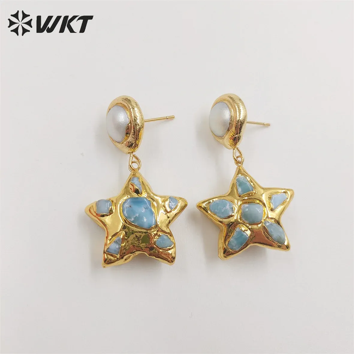 Kolczyki WTE674 WKT 2022 Piękny styl Retro Blue Ocean Jasper Pearl Star Kolczyki Trend Biżuter Kolczyki Weddne przyjęcie Lady Hot