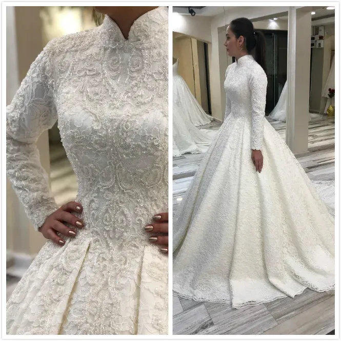 드레스 아라비아 무슬림 레이스 구슬 웨딩 드레스 높은 목 긴 소매 신부 드레스 빈티지 섹시 웨딩 드레스 ZJ521