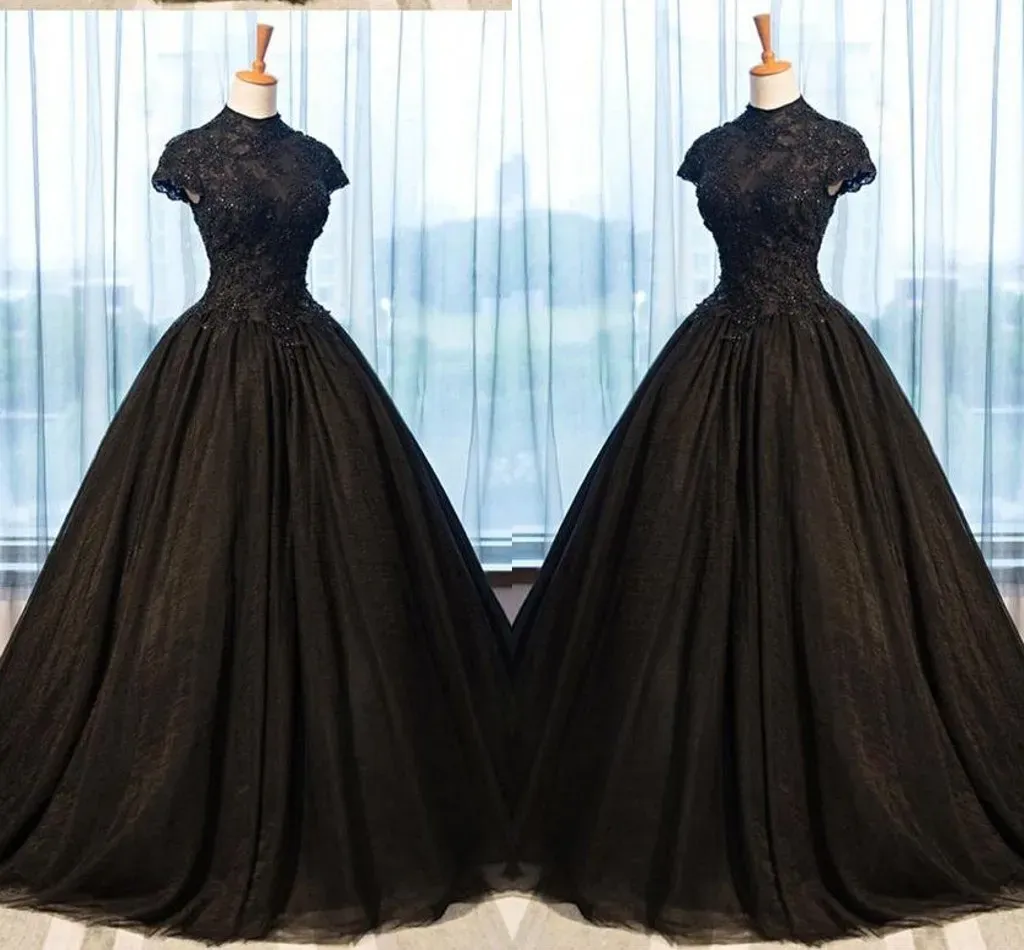 Dresses 2022 Black Lace Evening Dresses Ball Gowns High Neck Applique Beaded Empire Waist Princess Prom Dresses Graduation Dress Women Plu