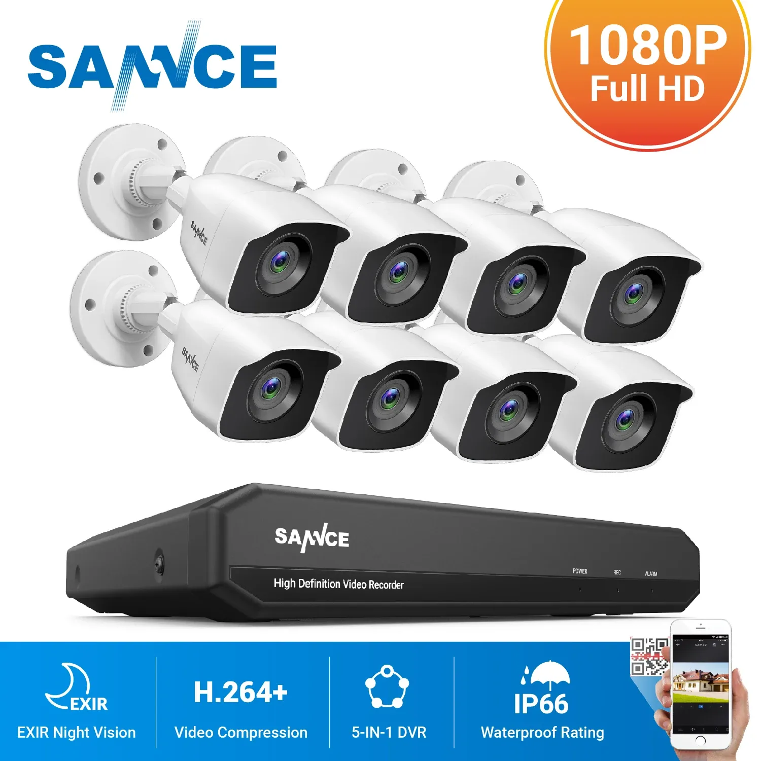 Sistema sannce 8ch 1080p lite dvr cctv sistema 4/8pcs fd 2.0mp telecamere di sicurezza IR Outdoor IP66 Kit di sorveglianza Video rilevamento