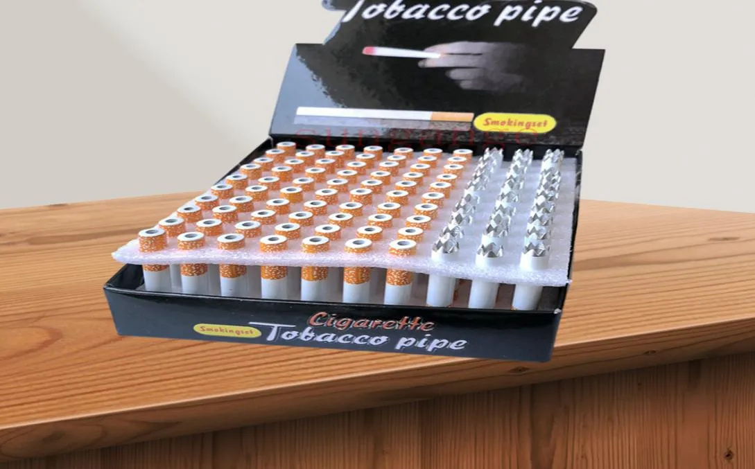 100 Pcslot Cigarette Shape Smoking Pipes 78mm 55mm Mini Hand Tobacco Pipe Snuff tube Aluminum Ceramic Accessories One Hitter Bat8183660