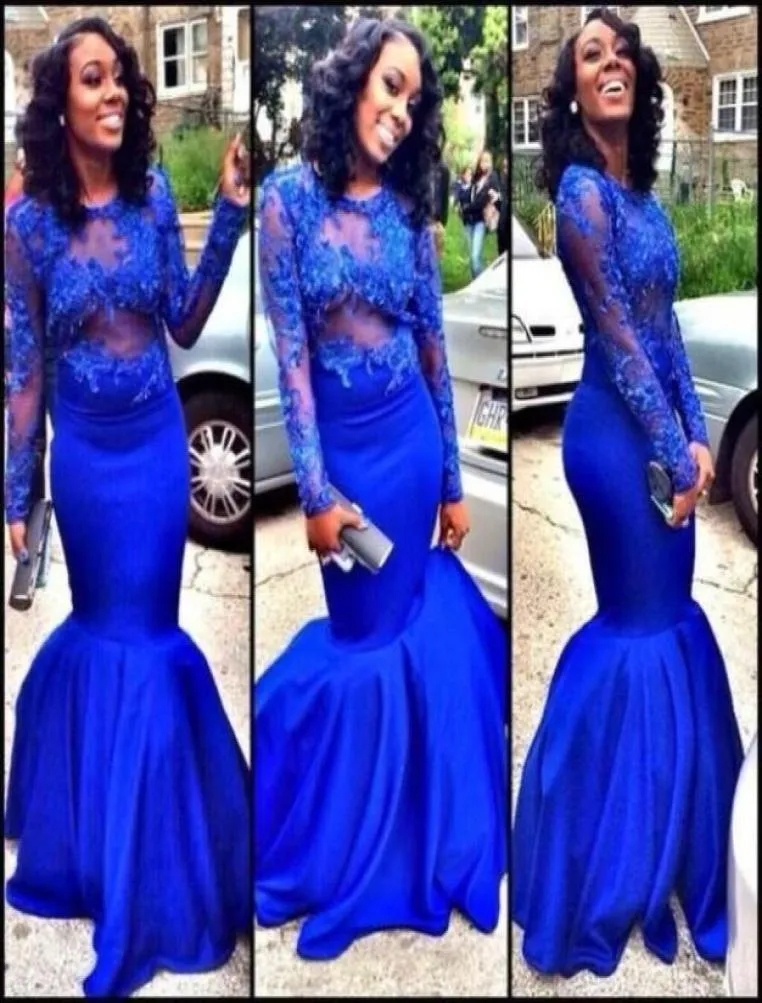 2015 Royal Blue Long Sleeve Prom Dresses 레이스 아플리케 자수 새틴 인어 댄스 파티 드레스 깎아 지른 목을 플러스 크기 공식 3316436