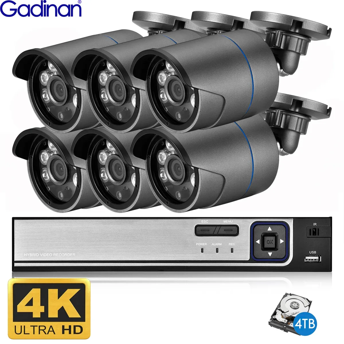 System Gadinan 4K 8MP Security Camera System H.265 POE NVR Kit CCTV Outdoor Gray Bullet IP Camera Audio Record Video Surveillance Set