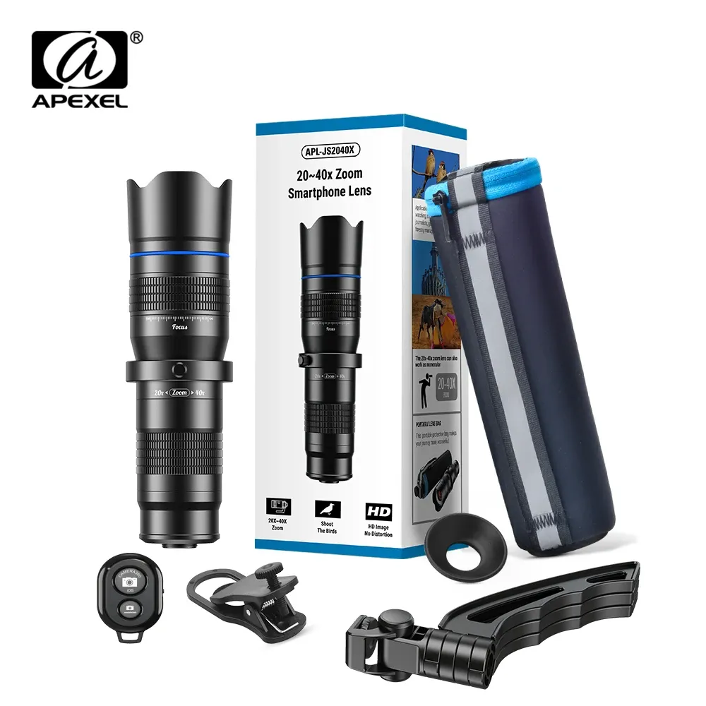 Monopods Apexel New 3IN1 금속 2040X 줌 망원경 망원경 전화 렌즈 iPhone Samsung을위한 미니 삼각대가있는 단안 전화 카메라 렌즈