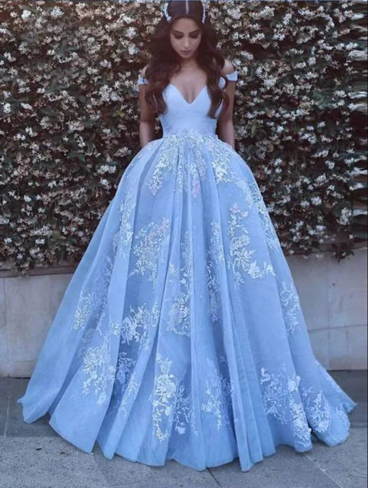 Jurken Mooie Baby Blue Prom -jurken met kanten appliques van de schoudervloer lengte elegante formele feestjurken PD1123