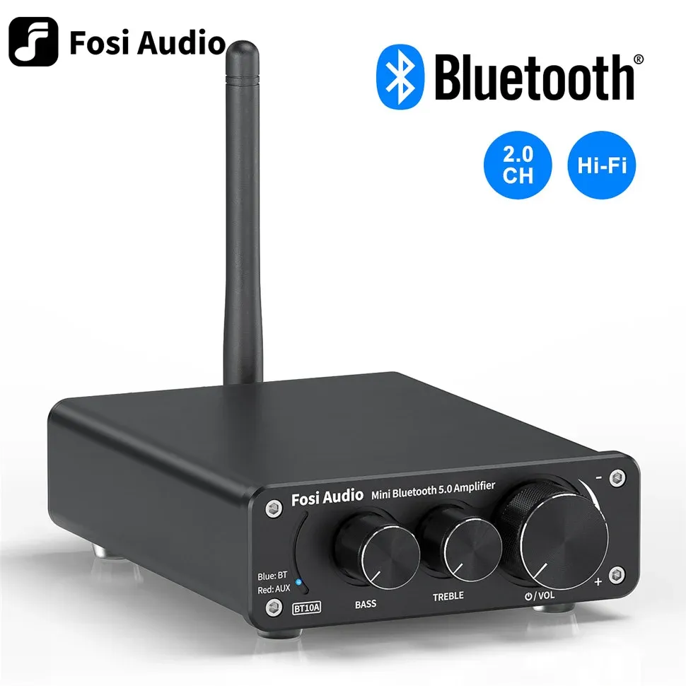 Amplificateur Fosi Audio Bluetooth 2 canaux Power Power Stéréo Amplificateur TPA3116D2 MINI HIFI Digital Amp pour haut-parleurs 50W BT10A BASS TREBLE
