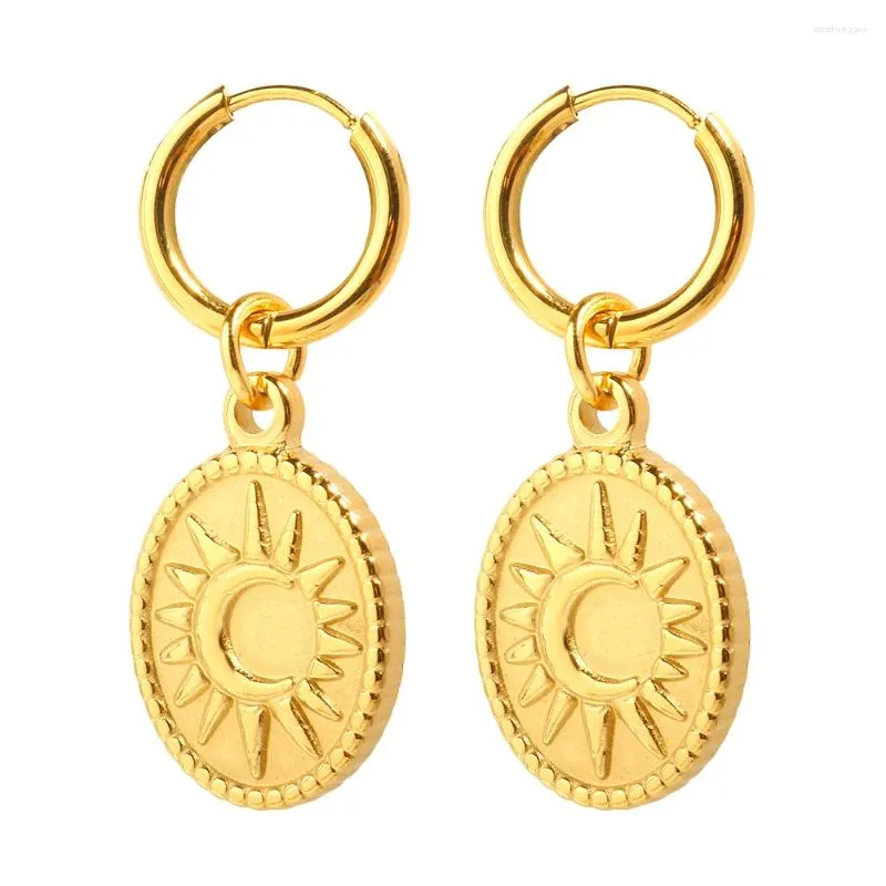 Boucles d'oreilles Jinhui Vintage Round Pendante Sun Moon Gravure Gold Couleur en acier inoxydable Fashion Simple Women's Bijoux
