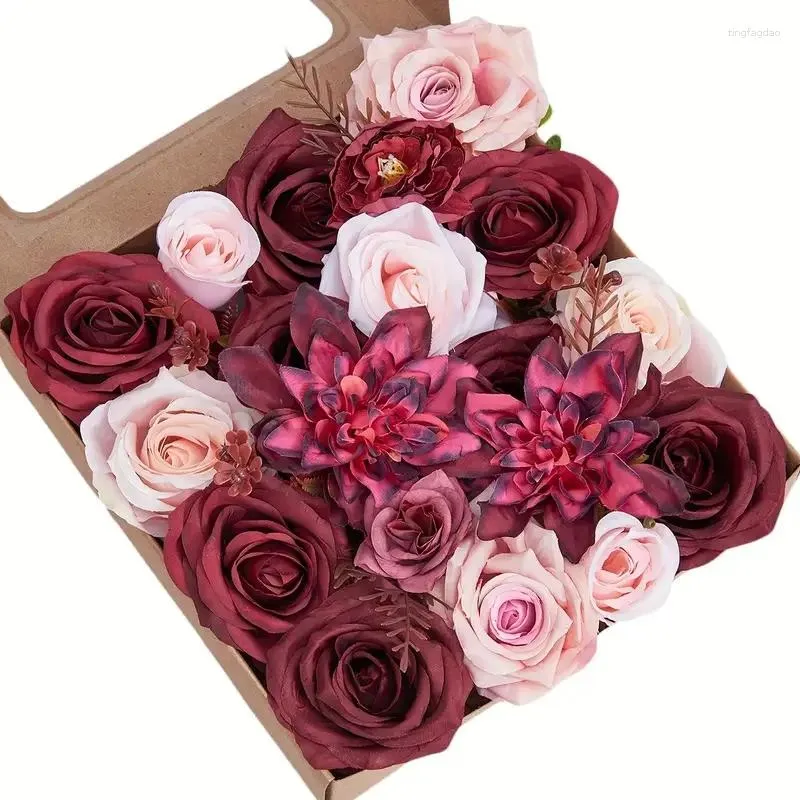 Dekorative Blumen Künstliche Kombinationskasten Set Faux Burgundy Blätter standstämmen für Mittelstücke Tischdekoration Party DLY