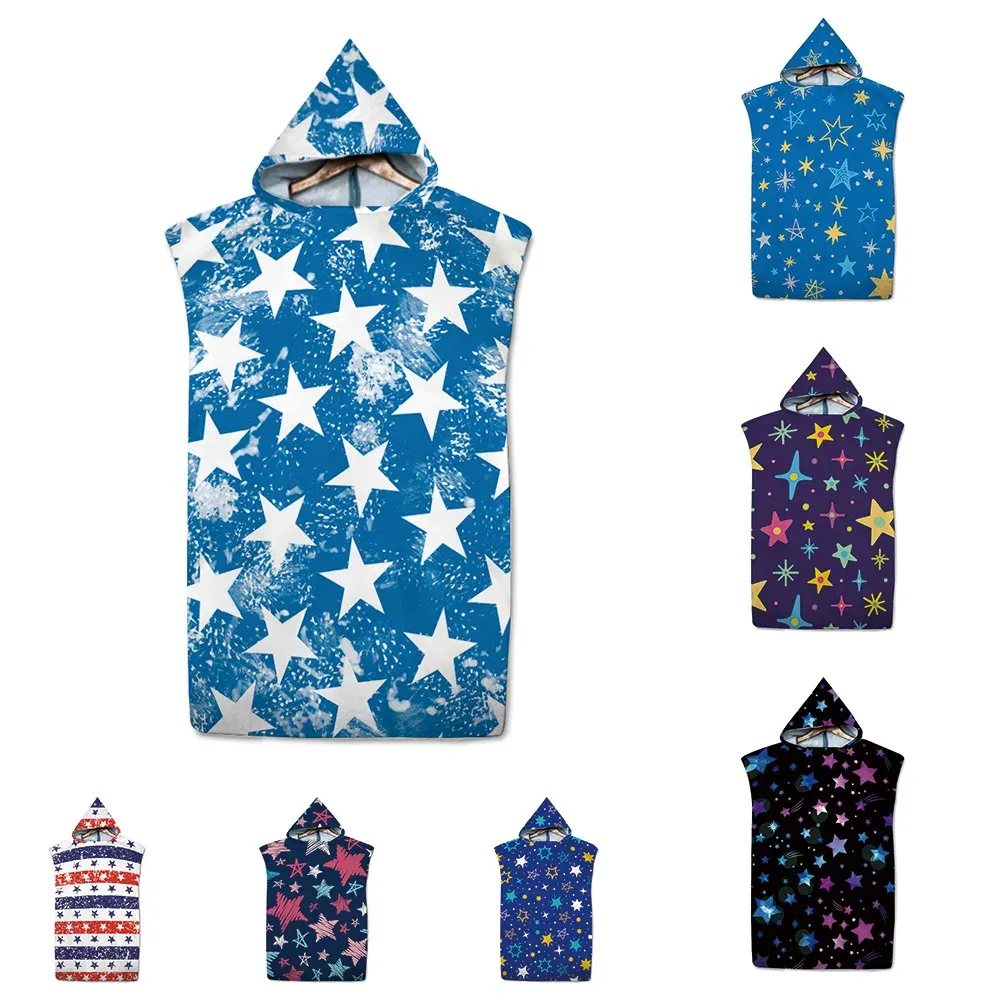 Accessories New Microfiber Printed star Poncho Towel Surf Beach Wetsuit Changing Bath Robe with Hood Beach Towel