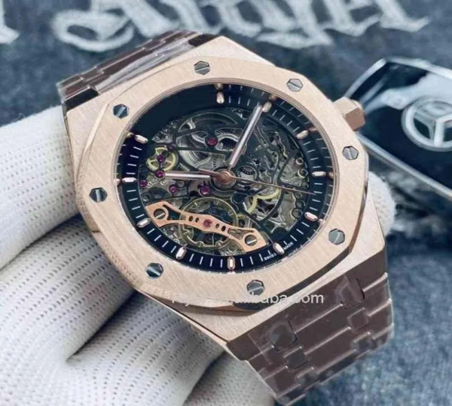 Oak Selfwind observa homens Mecânicos automáticos de 42mm de esqueleto oco de ouro rosa 316l aço inoxidável