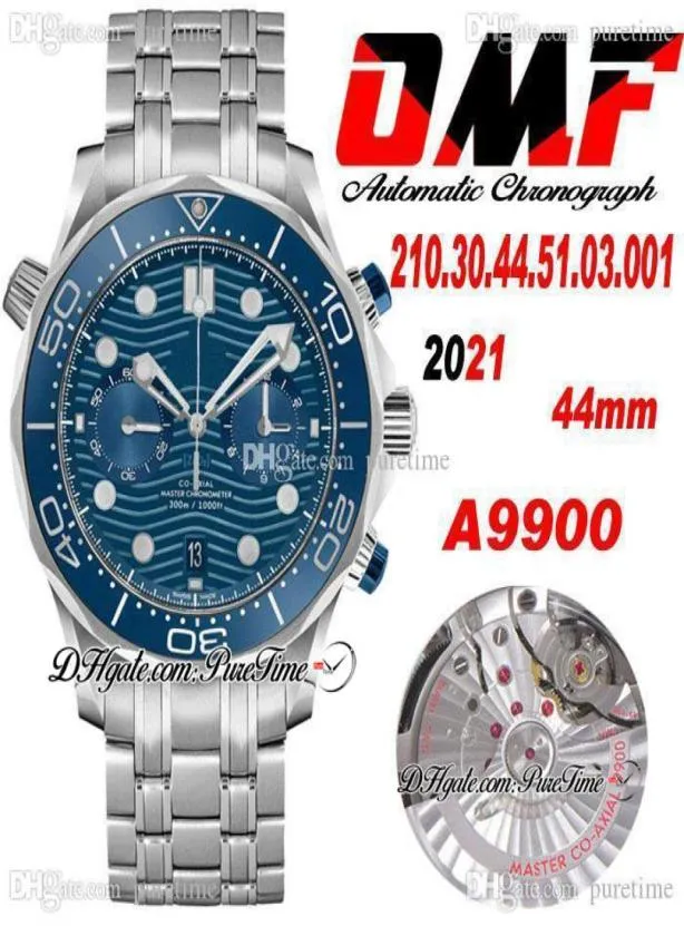 OMF 300m CAL A9900 Automatique Chronograph Mens Watch 44mm Blue Texture Dial Bracelet en acier inoxydable 21030445103001 Super Edit1974599