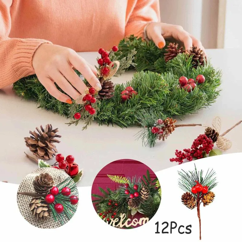 Decorative Flowers 12Pcs Artificial Flower Christmas Green Red Berry Holly Branch Home Decor Vases With