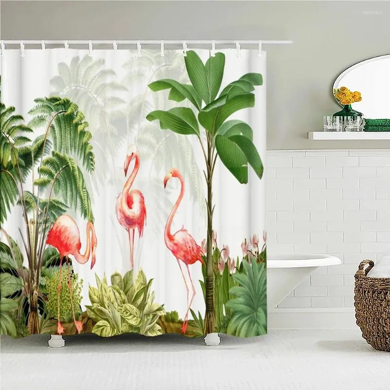 Shower Curtains Flamingo Pattern Fabric Curtain Waterproof Tropical Plant Palm Trees Bath For Bathroom Decor With 12 Hooks