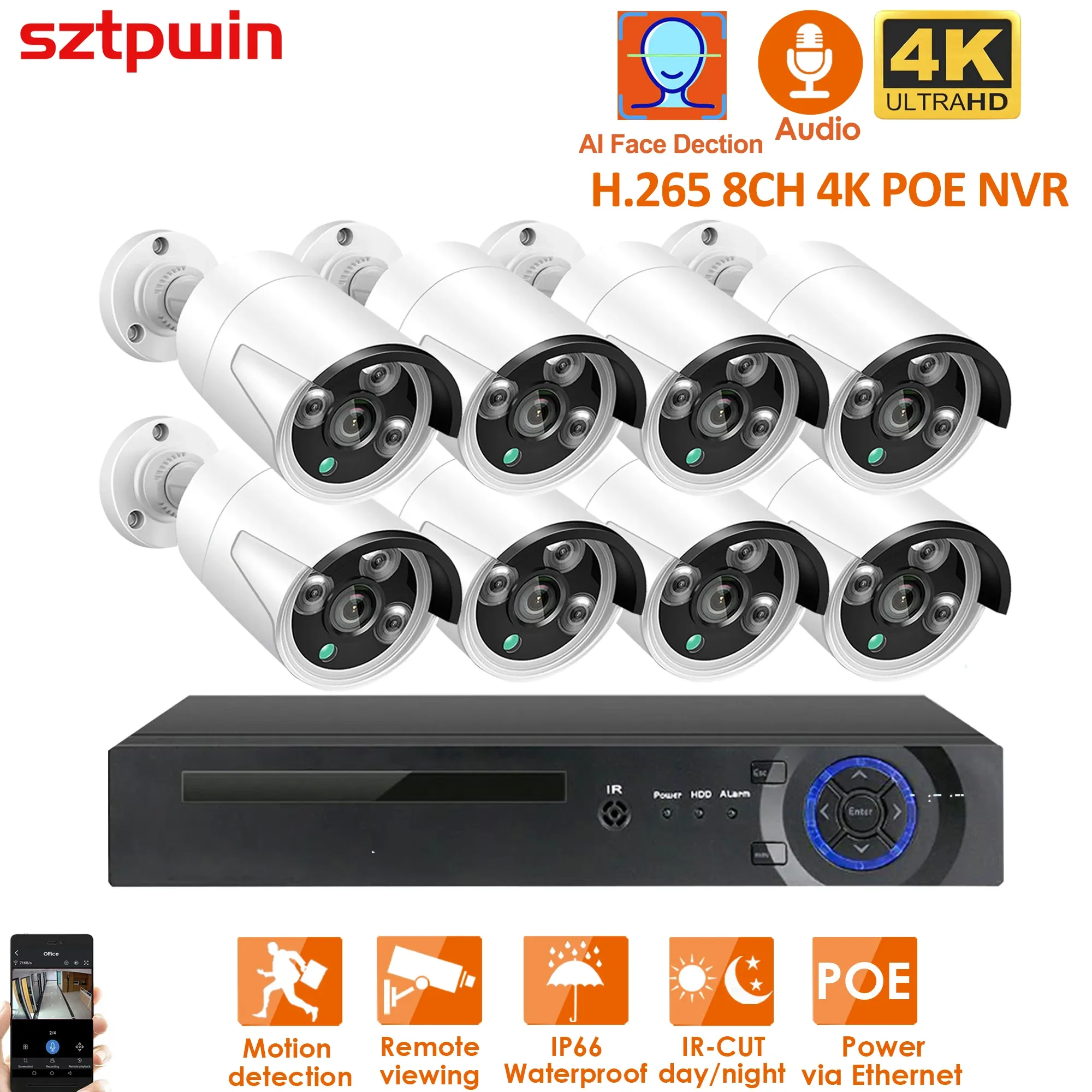 Système H.265 + 8CH 4K 8MP POE SECURITYCAMERA SYSTÈME KIT ARDIO RECORD RJ45 DÉTECTION DE VACE IP CAMERIE IP IR EXTÉRIE