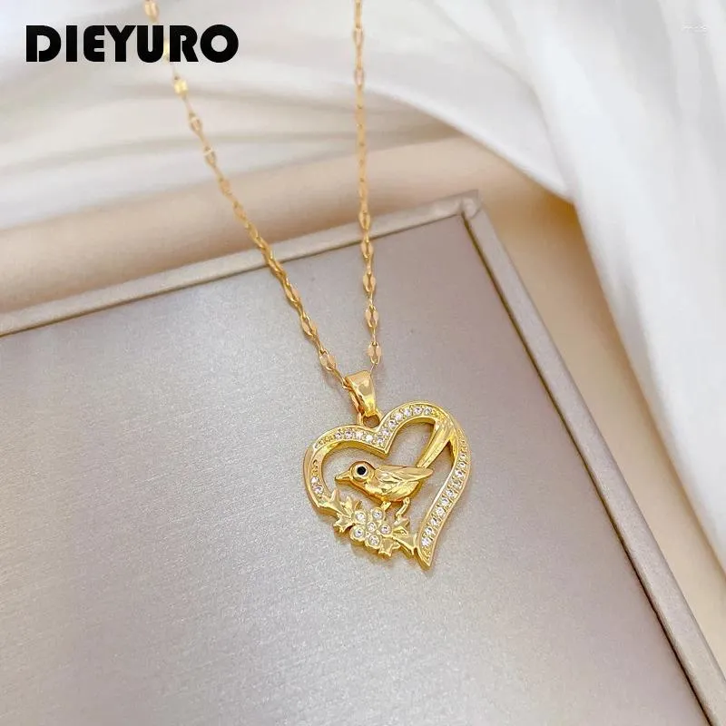 Pendant Necklaces DIEYURO 316L Stainless Steel Creative Heart Bird Necklace For Women Girl Fashion Clavicle Chain Choker Jewelry Gift