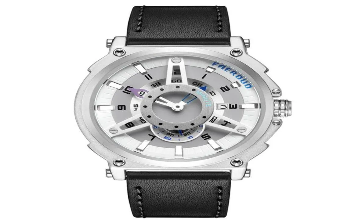 Montre-bracelets Men039s Sport Montres Big Face Top Genue en cuir Veille de bracelet Clock Chronograph Fashion Wristwatch Silver Wac7722737