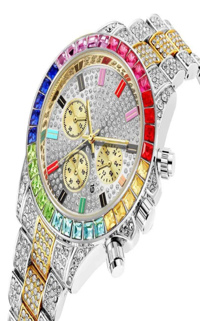 Pintime Luxury Full Crystal Diamond Quartz Batterie Datum Herren Watch Dekorative Drei Subdials Buntes Marker Shining Uhren Fakten5404759