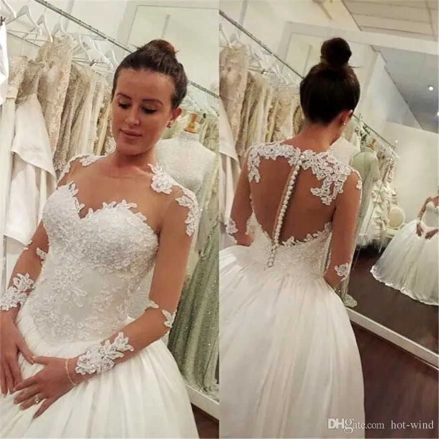 Dresses 2020 Lace Appliques Long Sleeves Ball Gown Wedding Dress Jewel Sheer Neck Illusion Back Covered Button Bridal Gowns