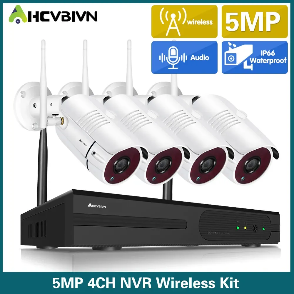 Sistem AHCVBIVN 4CH Kablosuz CCTV Sistemi H.265 5MP NVR Açık Video Kayıt Kamerası IP Güvenlik Sistemi WiFi Video Gözetim Kiti