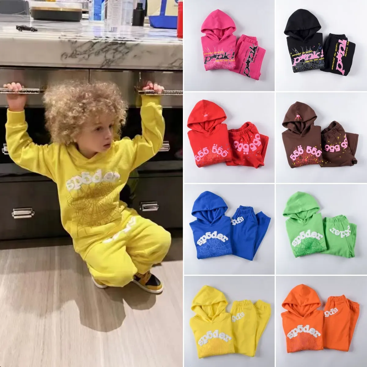 Mens Hoodies Sweatshirts Kids Young Thug Spider Hoodie Clothing Set For Children 3D Web Foam Print Sp5der Pant Music Album Loose Hooded 555555 Sweatshir Flyword123