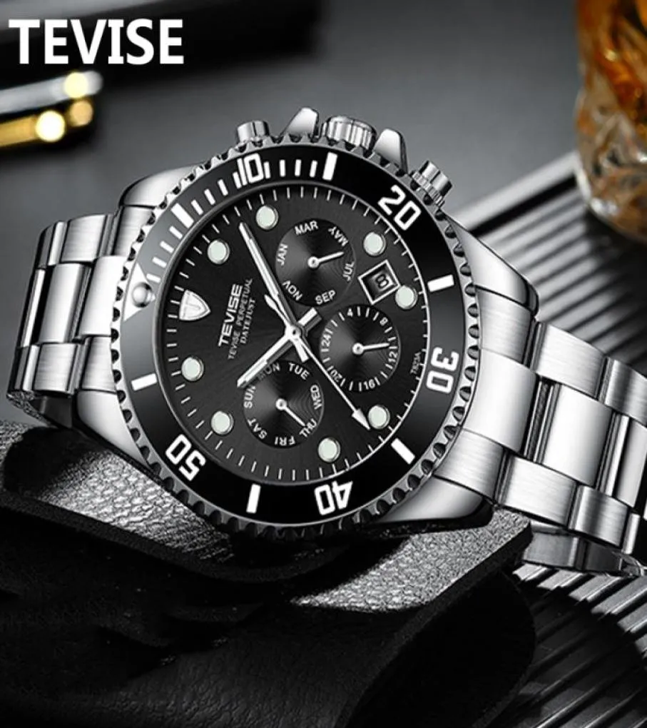 Tevise Fashion Automatic Mens Watches Men en acier inoxydable Mécanique MRISTWATCH DATE Semaine Afficher l'horloge masculine avec Box2981777