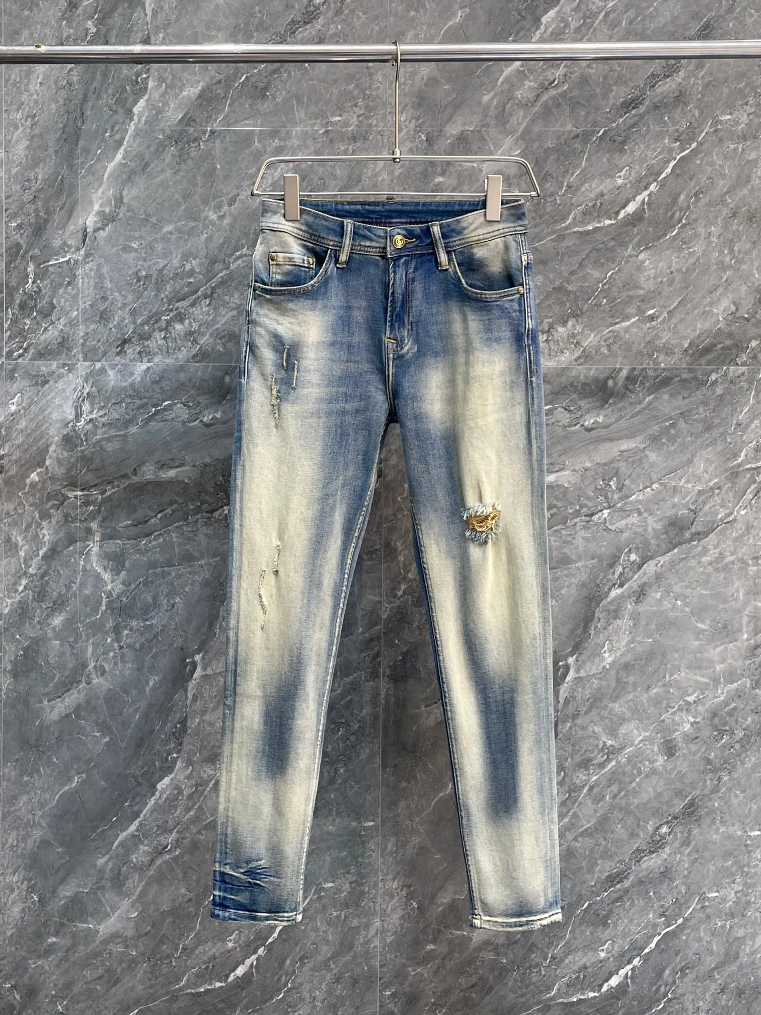 2024 Spring herfst borduurwerkafdruk zipper heren jeans lichte gewassen man's lange potloodbroek wcnz041