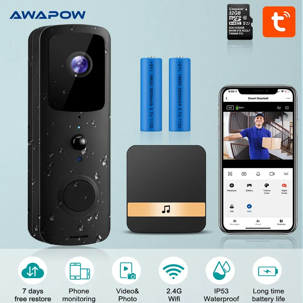 Sonnets de portes Awapow Smart Tuya Video Doorbell WiFi Connectez-vous avec la vidéo de surveillance vidéo