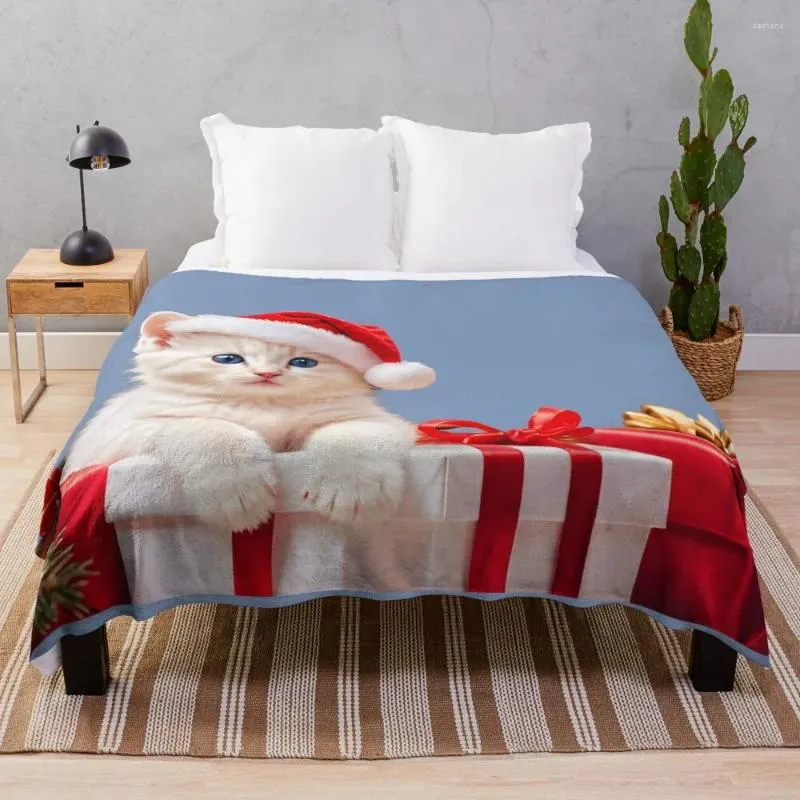 Gatito de mantas con un sombrero de Santa Claus lanzamiento de manta para campamento sofá de franela de campamento