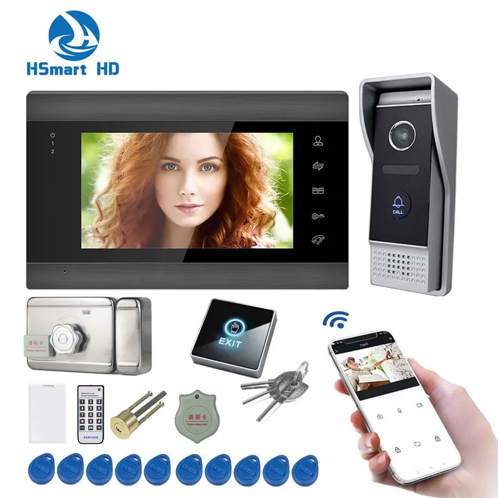 Kapı Zilleri Tua Wifi Video İnterkom Kiti Home Street için 7 inç kapalı videofon ekranı 1080p fhd kablolu video kapı zili kamera