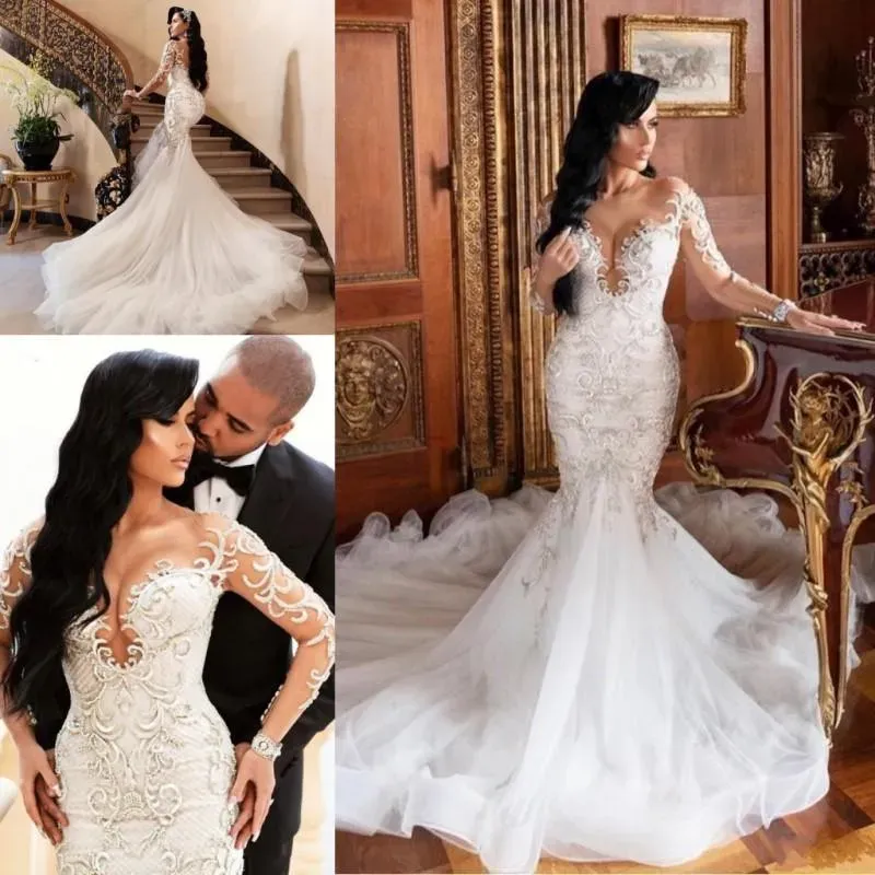 Jurken African Dubai Mermaid Trouwjurken Bridal Troogs Illusion Long Mouwen Vestido de noiva Lace Appliques Plus Size