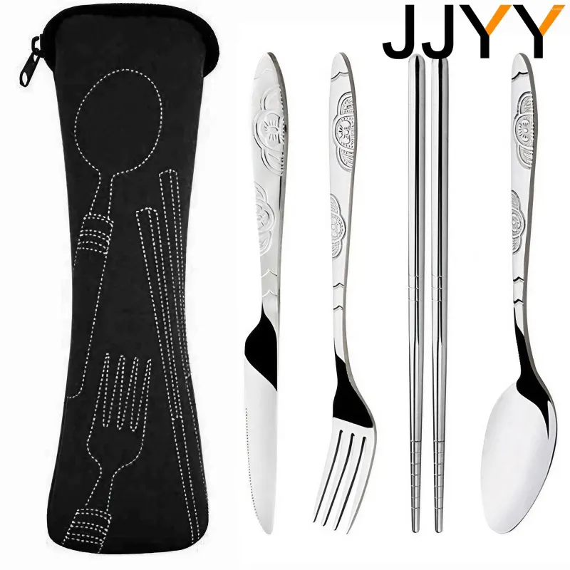 Set di stoviglie jjyy 4pcs/3pcs set portatile a maglietta portatile cucchiaio inossidabile in acciaio inossidabile campeggio bistecca da campeggio per posate da tavolo con borsa