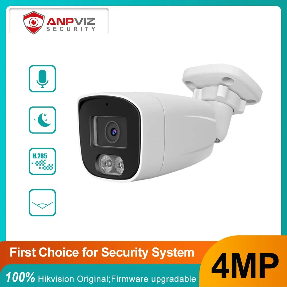 Câmeras ANPVIZ 4MP colorvu poe ip/rede mini câmera de bala de proteção ao ar livre câmera de proteção de proteção de microfone incorporado IR 30M IP66