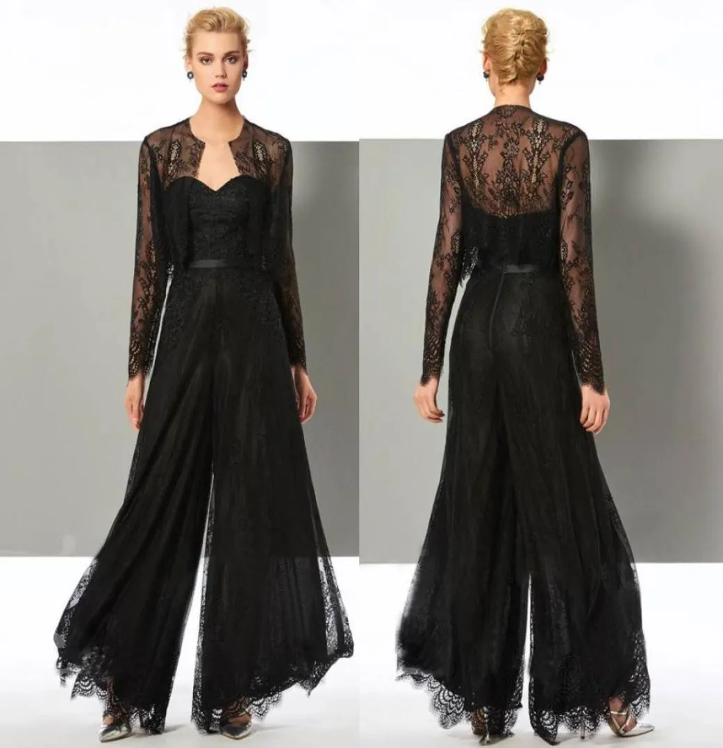 Fashion Black Lace Jumps combinaison mère de la mariée costumes robe invitée de mariage de cou chérie avec vestes plus taille mères groo8144133